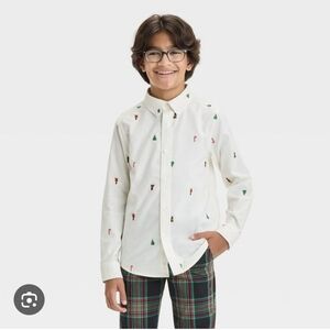 Boys size large 10/12 white button down embroidered christmas shirt. Candy cane